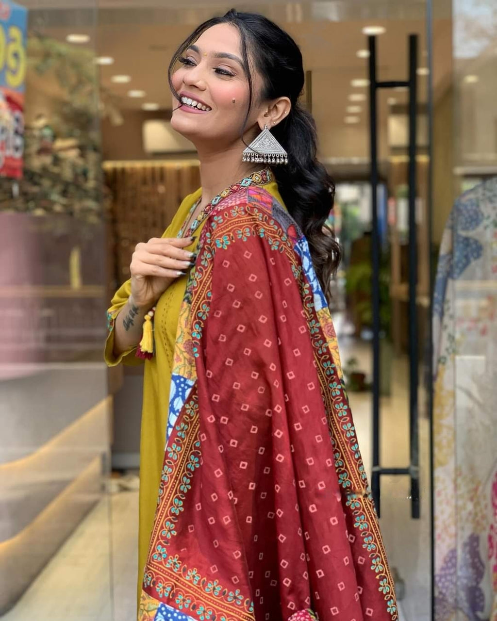 Women's Mustard A-Line Chanderi Viscose Kurta Set with Neutral Crepe Dupatta