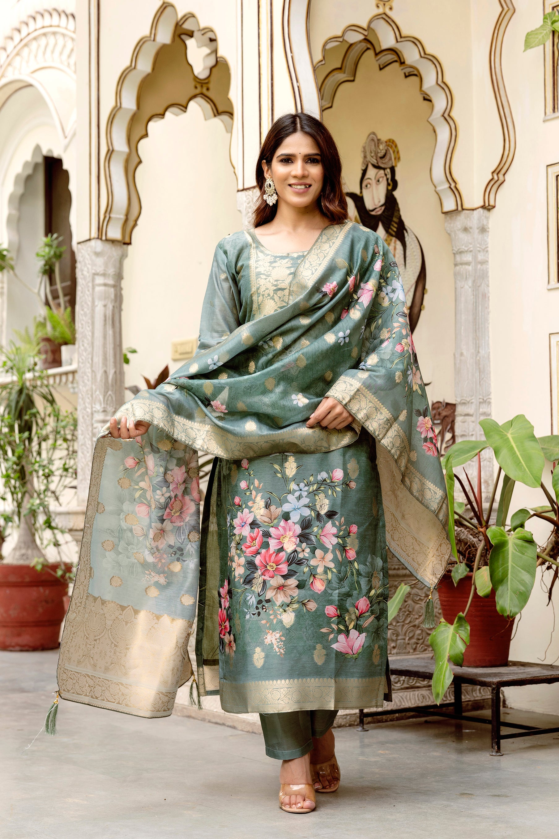 Women's Chanderi Cotton Printed Kurti Set with Viscose Gadhwal Bottom & Dupatta