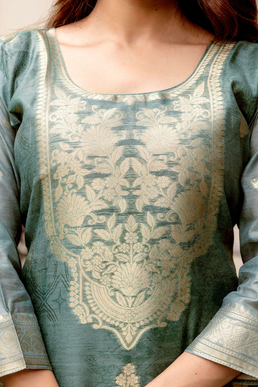 Women's Chanderi Cotton Printed Kurti Set with Viscose Gadhwal Bottom & Dupatta