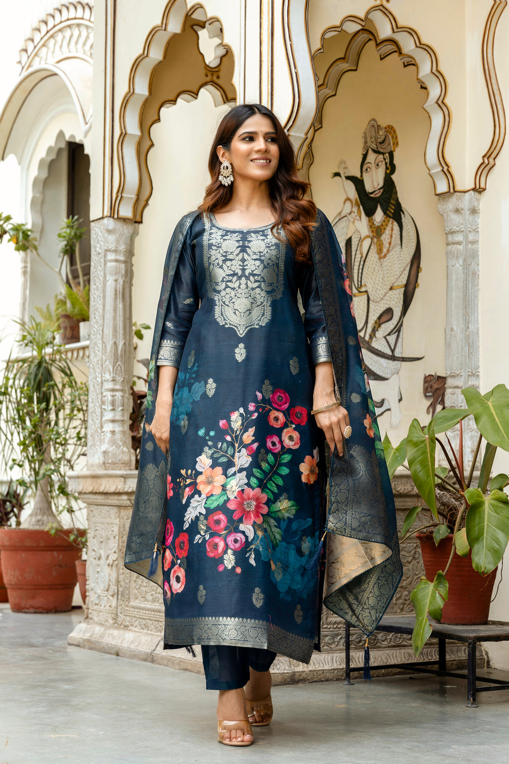 Women's Chanderi Cotton Printed Kurti Set with Viscose Gadhwal Bottom & Dupatta