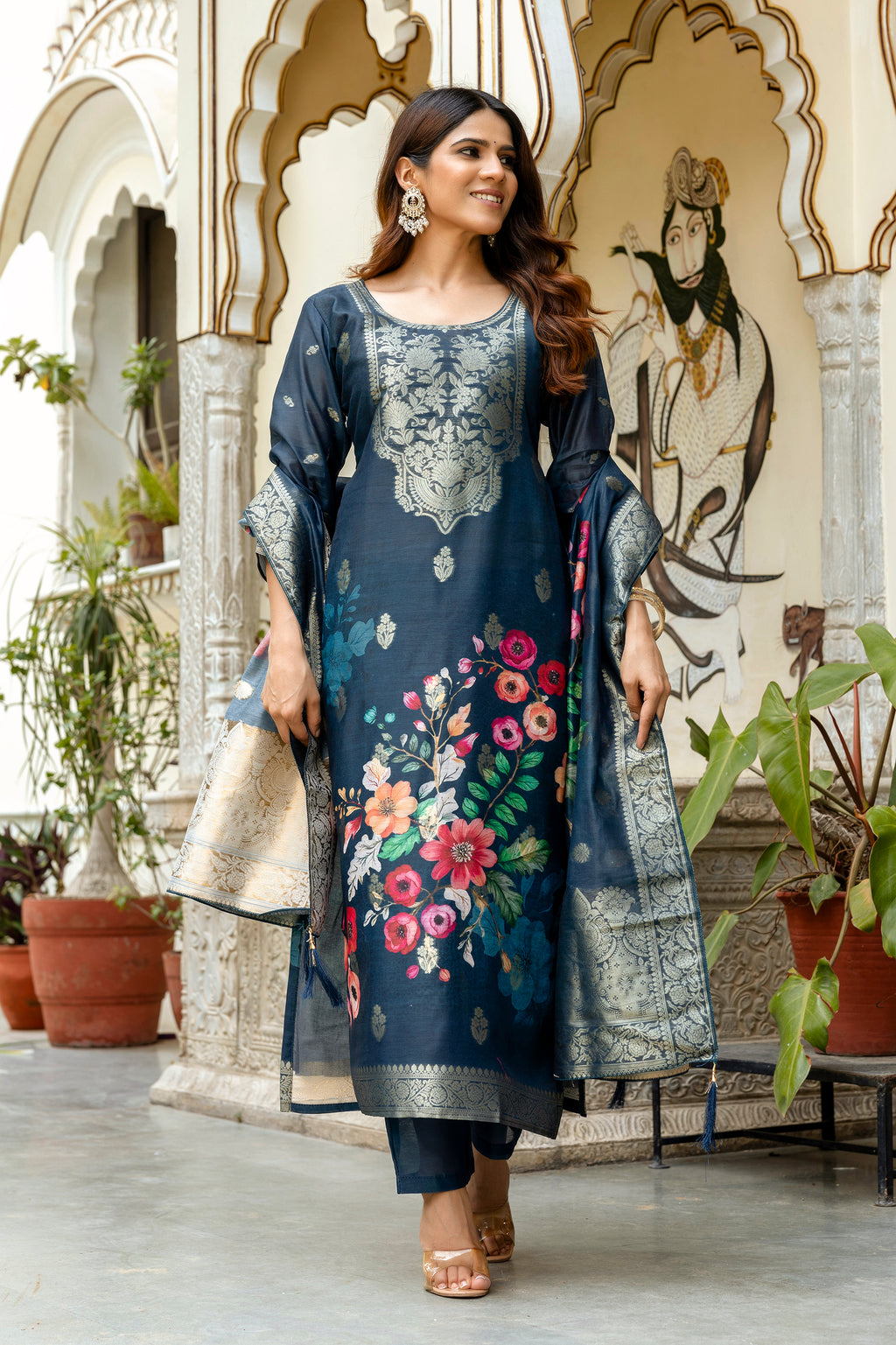 Women's Chanderi Cotton Printed Kurti Set with Viscose Gadhwal Bottom & Dupatta