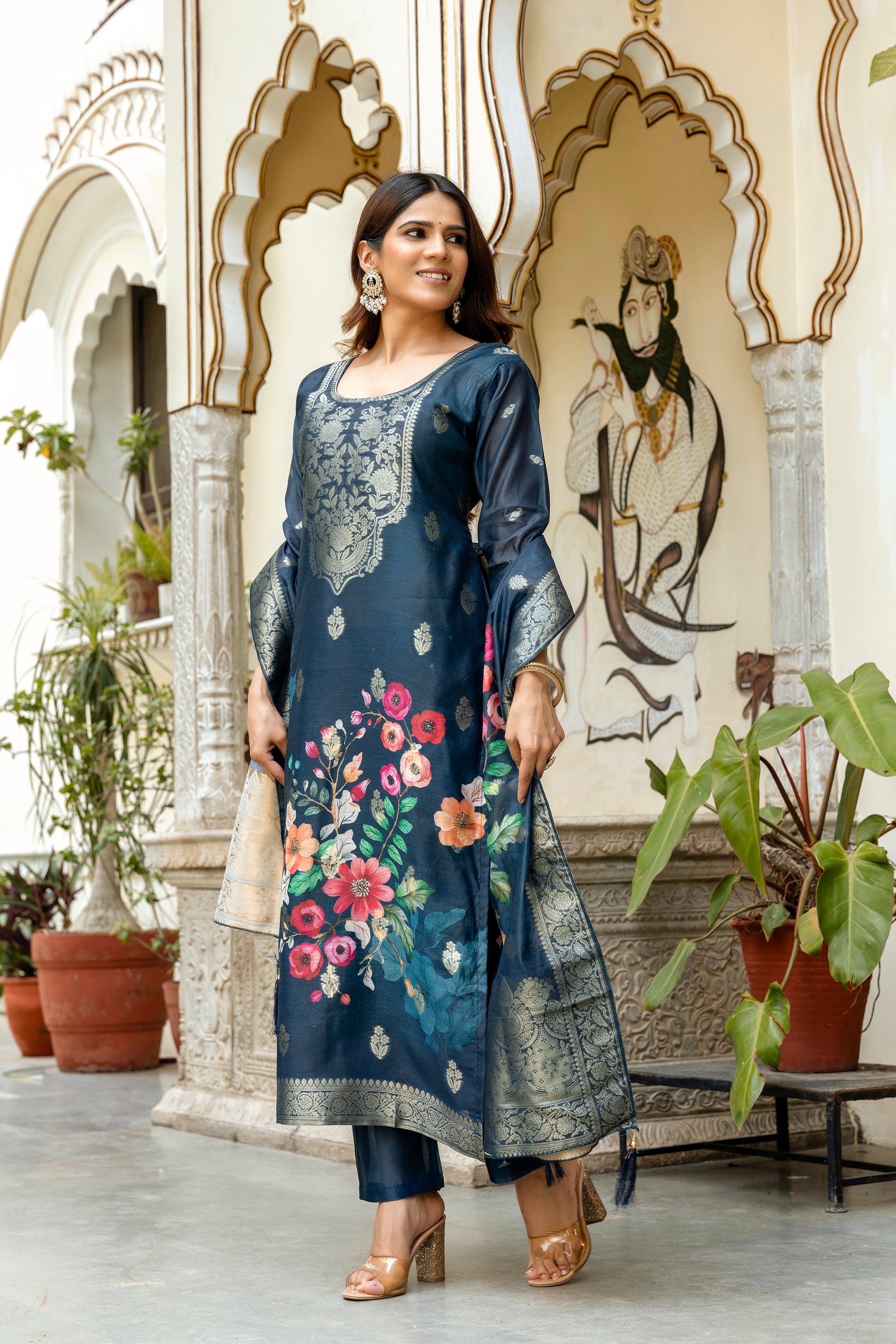 Women's Chanderi Cotton Printed Kurti Set with Viscose Gadhwal Bottom & Dupatta