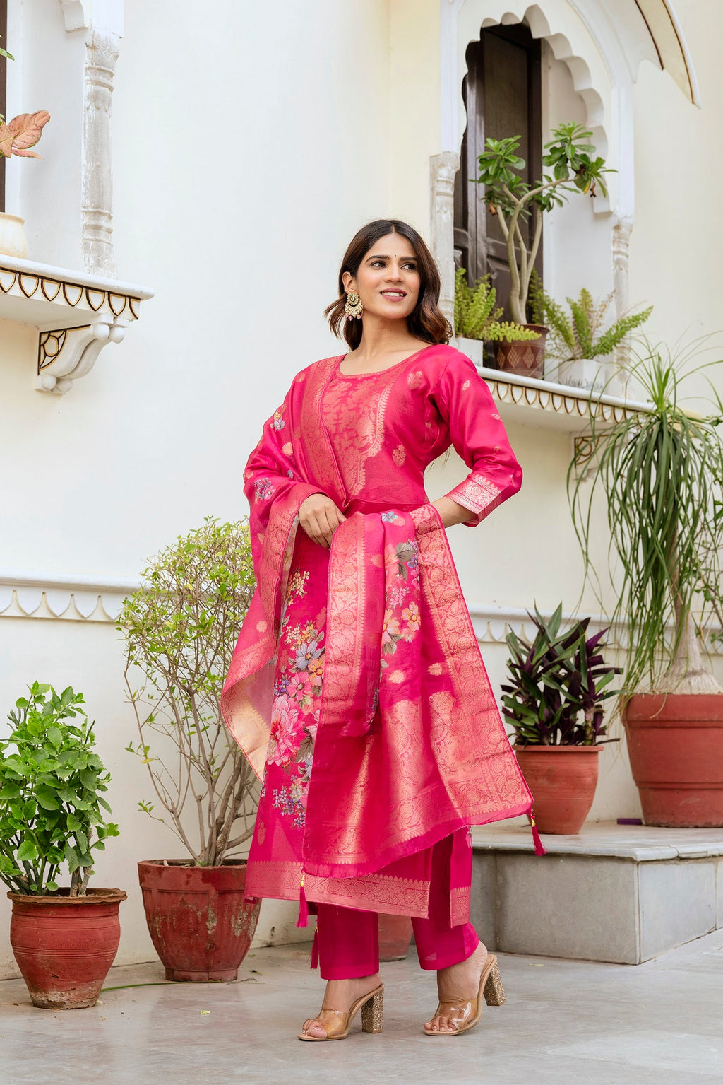 Women's Chanderi Cotton Printed Kurti Set with Viscose Gadhwal Bottom & Dupatta