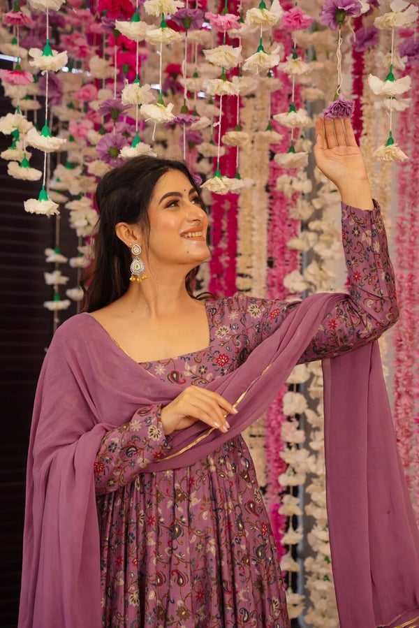 Women's Rayon Foil Print Kurti Set with Chanderi Pants & Chinnon Dupatta