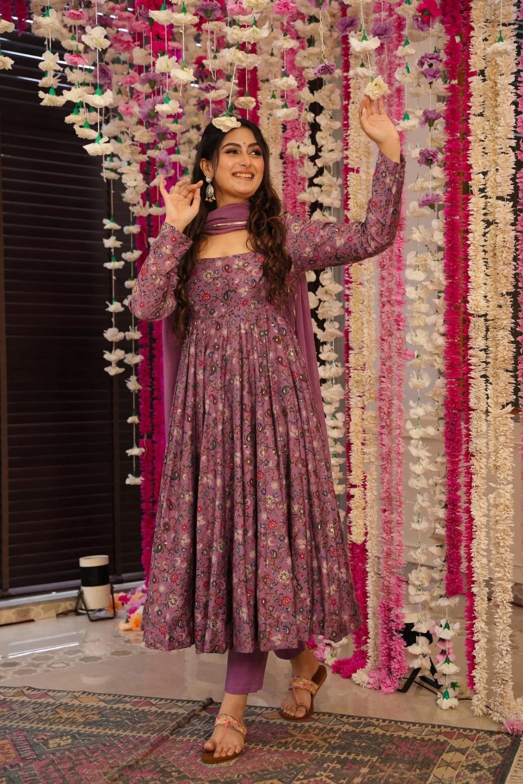 Women's Rayon Foil Print Kurti Set with Chanderi Pants & Chinnon Dupatta