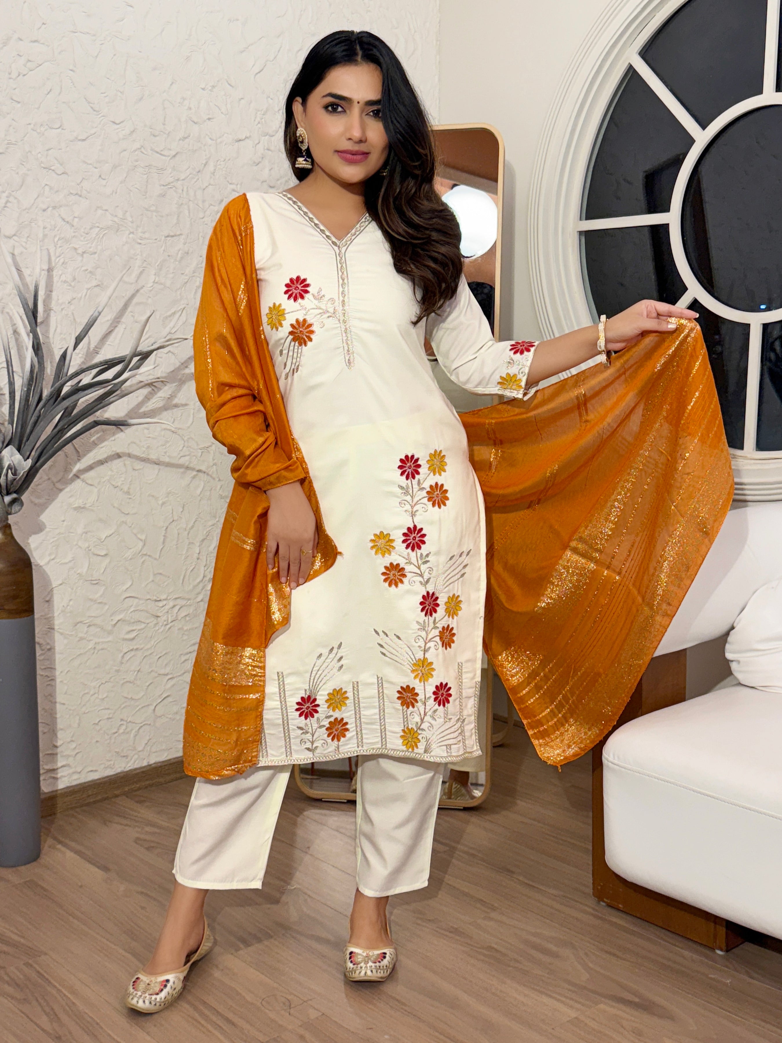 Women's Cotton Silk Kurti Pant Set with Embroidered Jari Work Dupatta