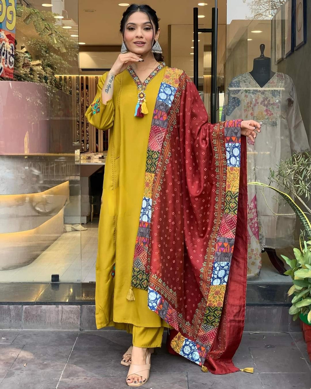 Women's Mustard A-Line Chanderi Viscose Kurta Set with Neutral Crepe Dupatta