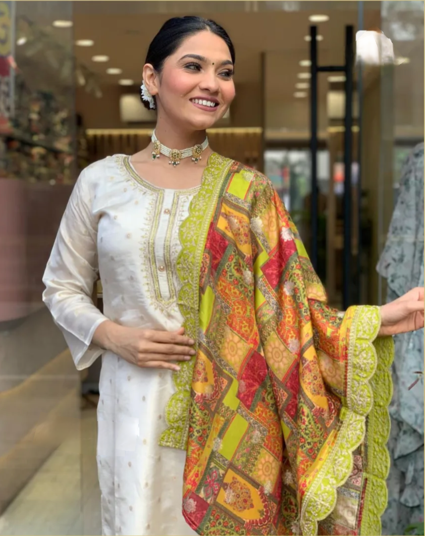Women's Jacquard Butti Kurti with Viscose Pant & Natural Crepe Dupatta