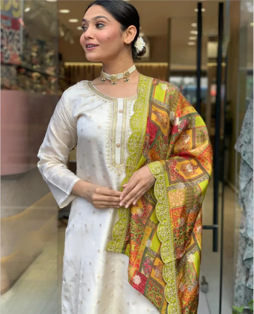 Women's Jacquard Butti Kurti with Viscose Pant & Natural Crepe Dupatta