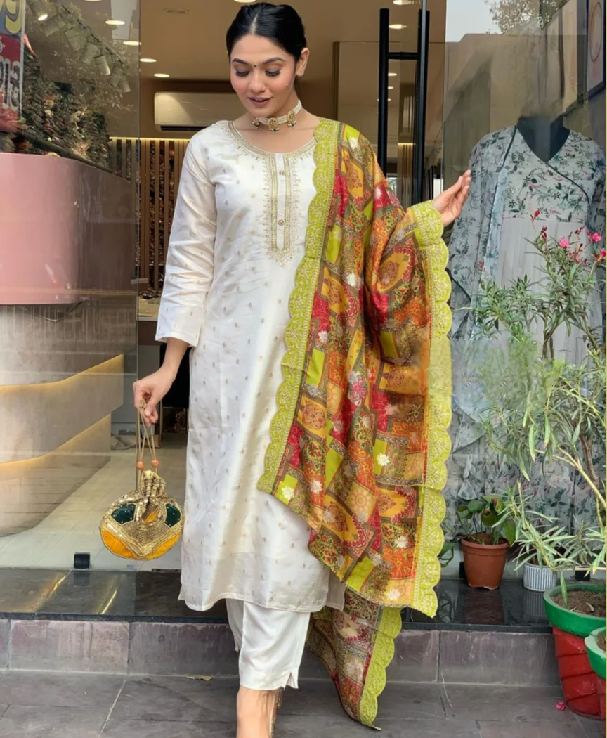 Women's Jacquard Butti Kurti with Viscose Pant & Natural Crepe Dupatta