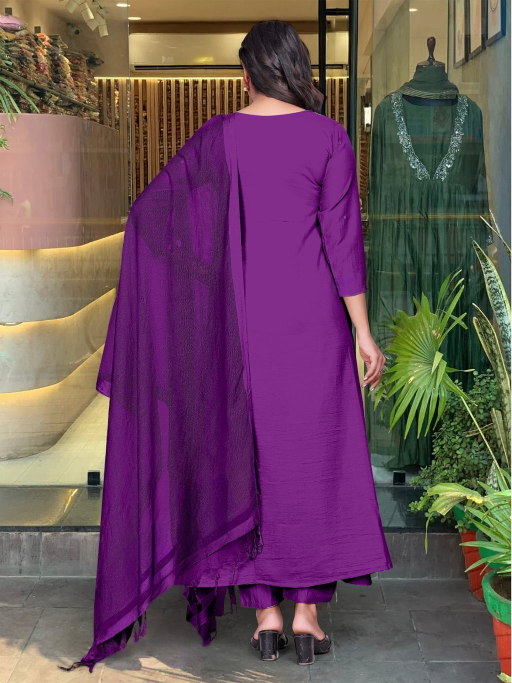 Women's Chinon Kurti Pant Set with Embroidered Chanderi Dupatta