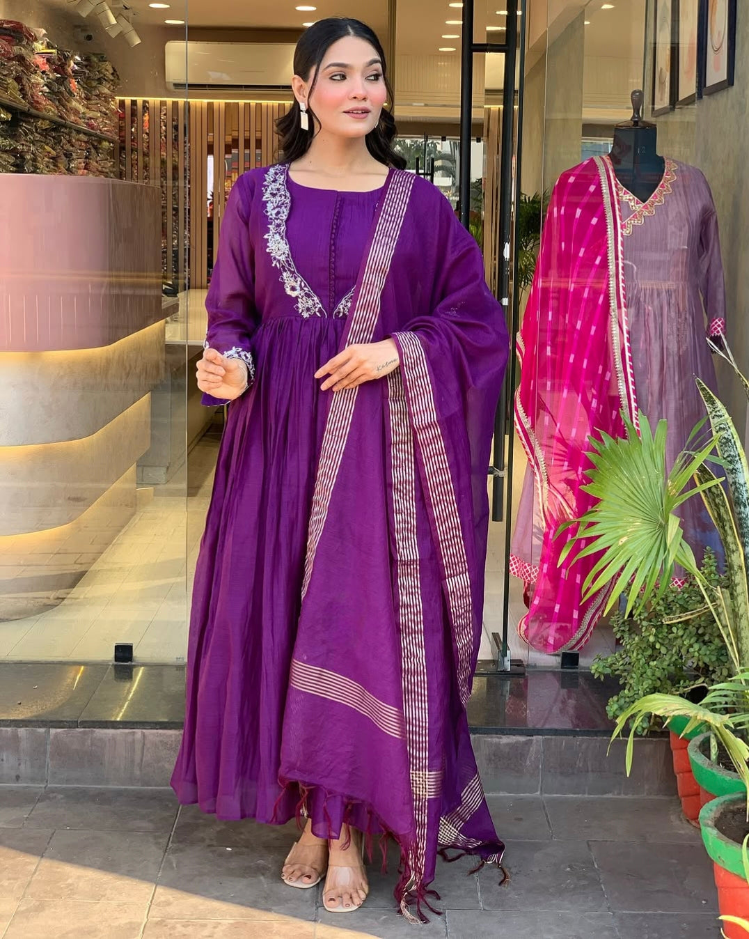 Women's Chinon Kurti Pant Set with Embroidered Chanderi Dupatta