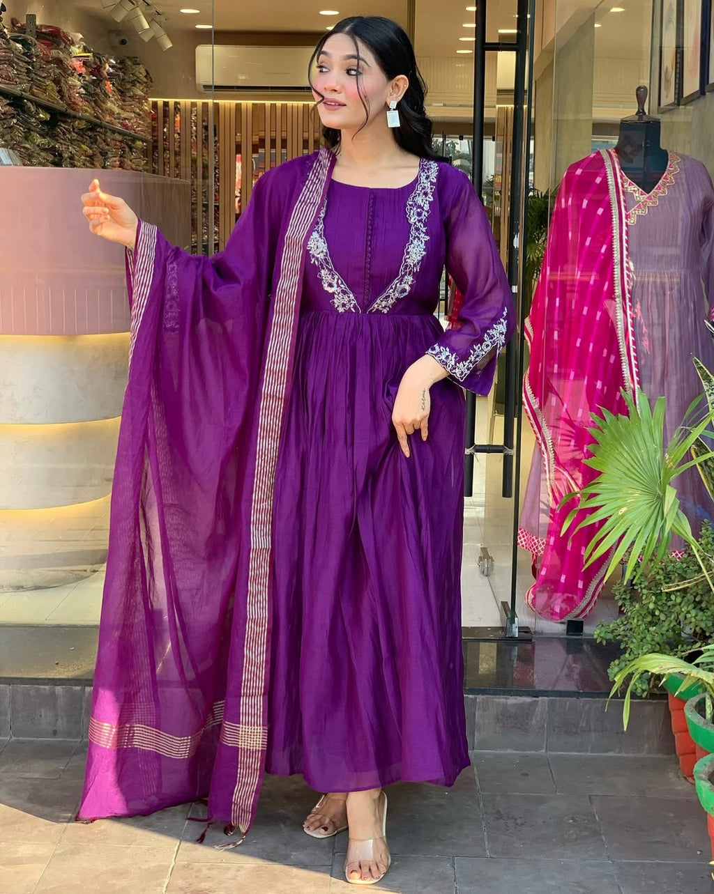 Women's Chinon Kurti Pant Set with Embroidered Chanderi Dupatta