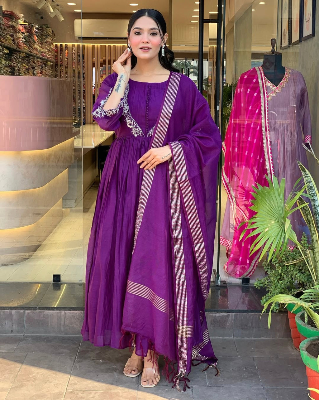 Women's Chinon Kurti Pant Set with Embroidered Chanderi Dupatta