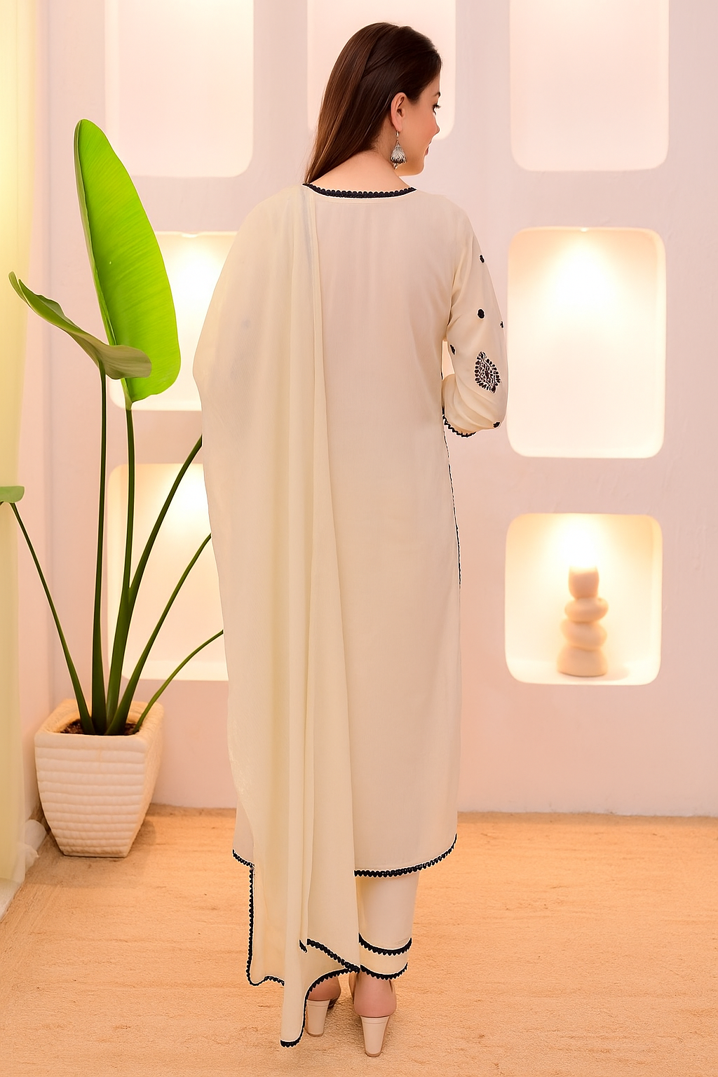 Women's Cream Rayon Slub Kurti Pant Set with Kota Check Dupatta