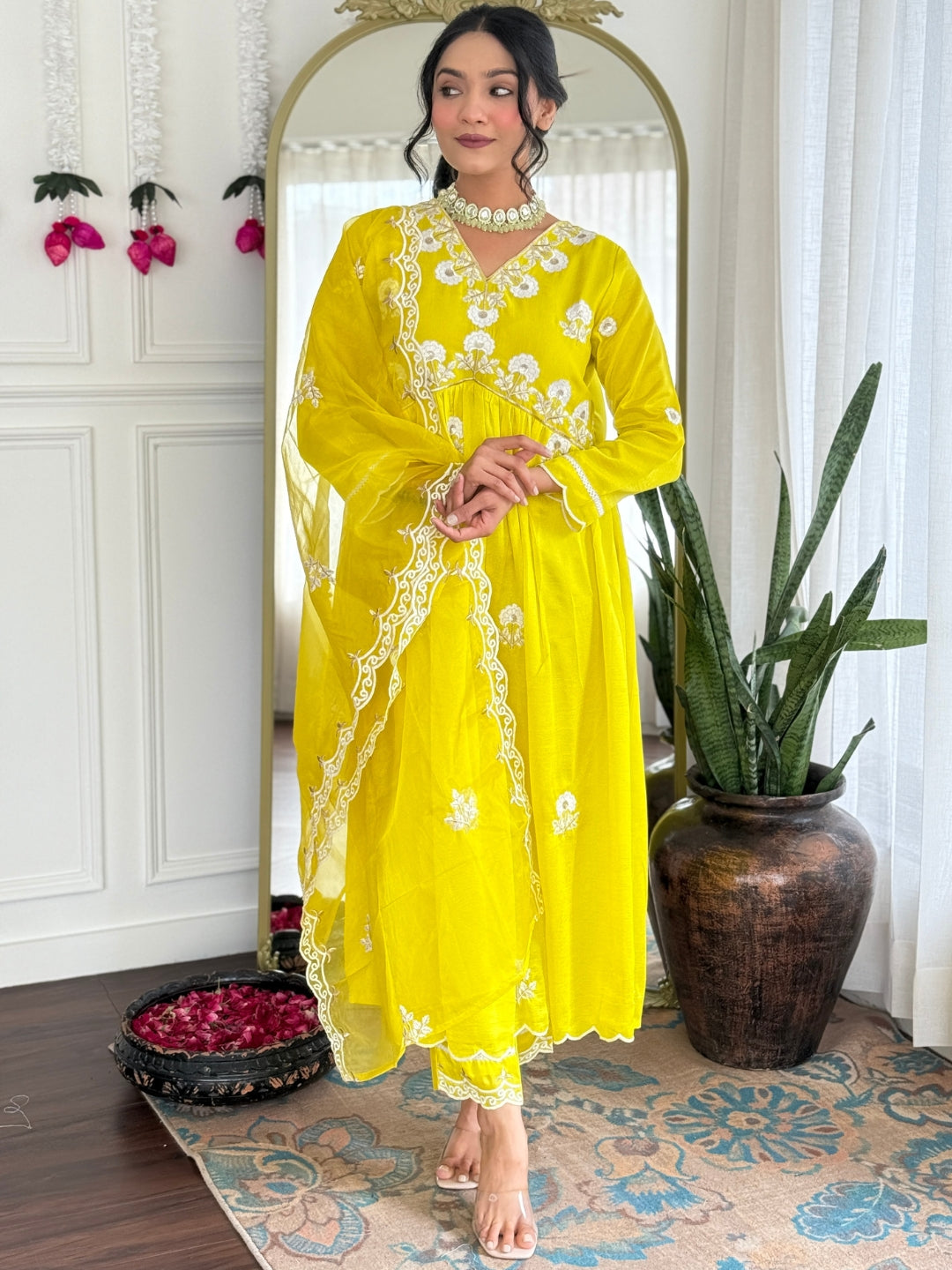 Women's Vichitra Silk Straight Kurta Set with Organza Dupatta