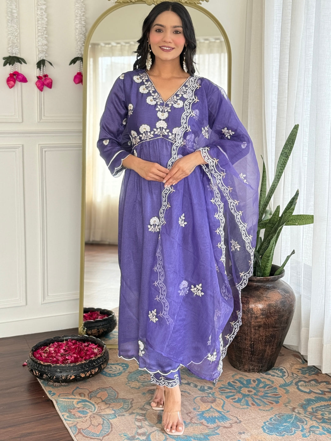 Women's Vichitra Silk Straight Kurta Set with Organza Dupatta