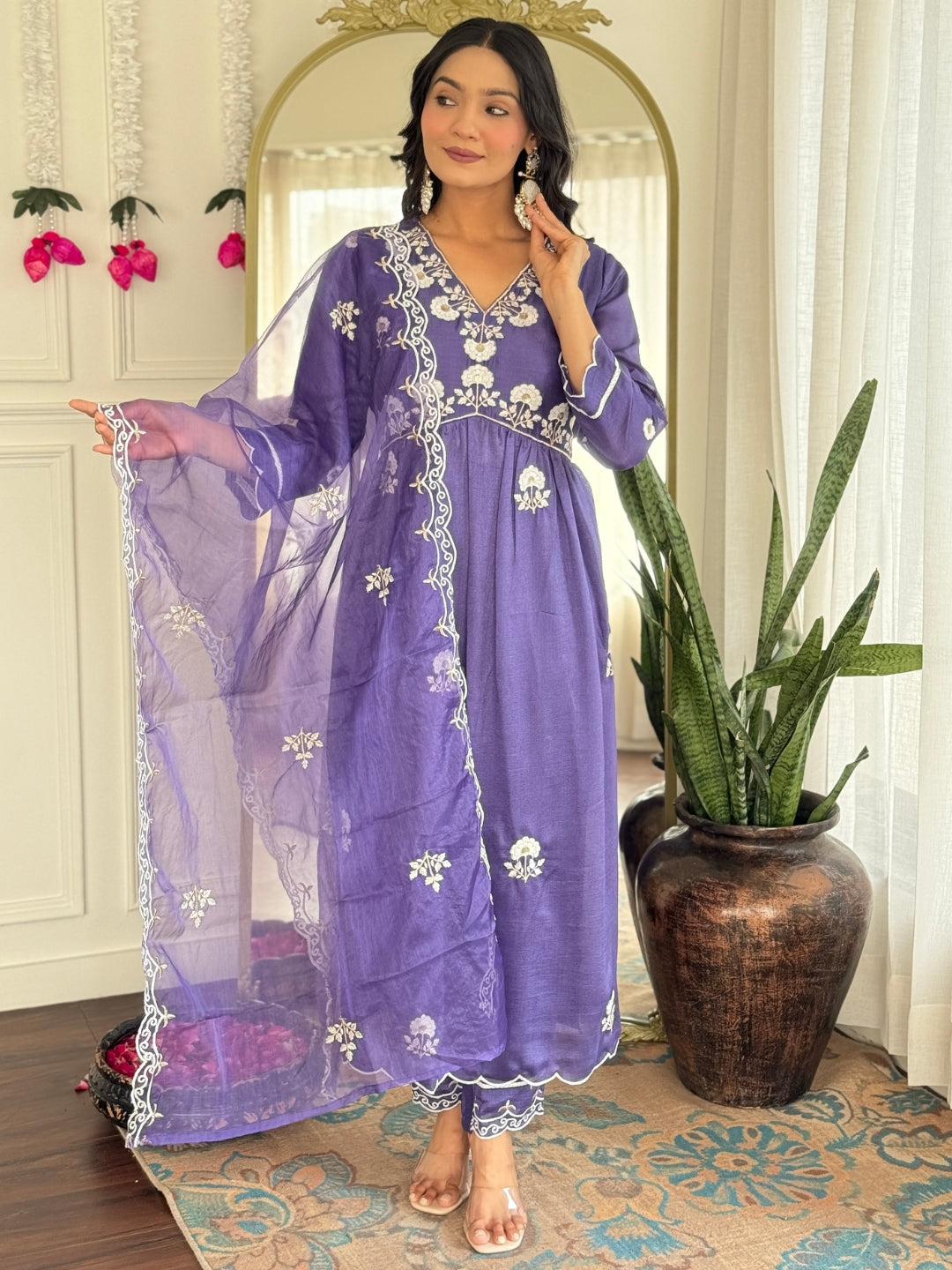 Women's Vichitra Silk Straight Kurta Set with Organza Dupatta