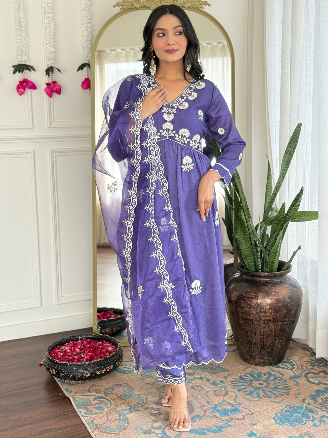 Women's Vichitra Silk Straight Kurta Set with Organza Dupatta