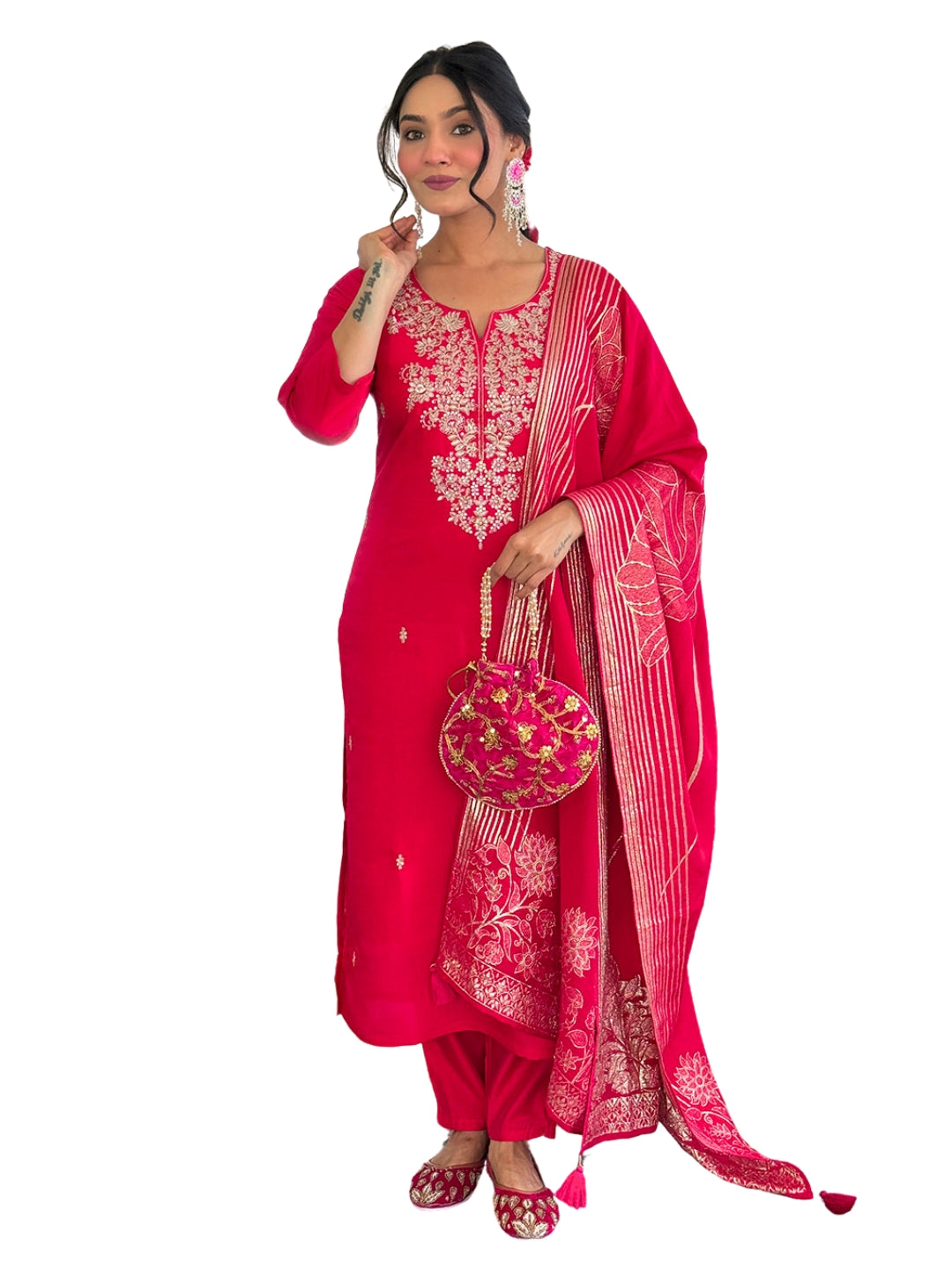 Women's Roman Silk Straight Kurta Pant Set with Jacquard Dupatta