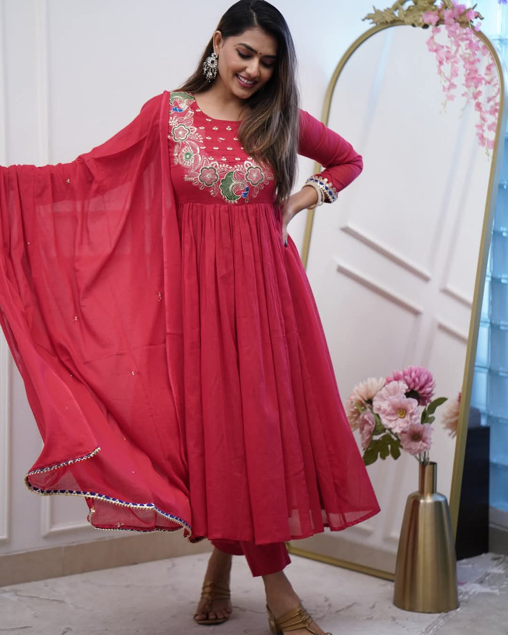 Women's Bsy Chinnon Embroidered Gown Set with Chanderi Dupatta