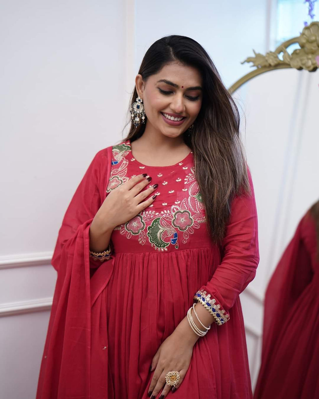 Women's Bsy Chinnon Embroidered Gown Set with Chanderi Dupatta