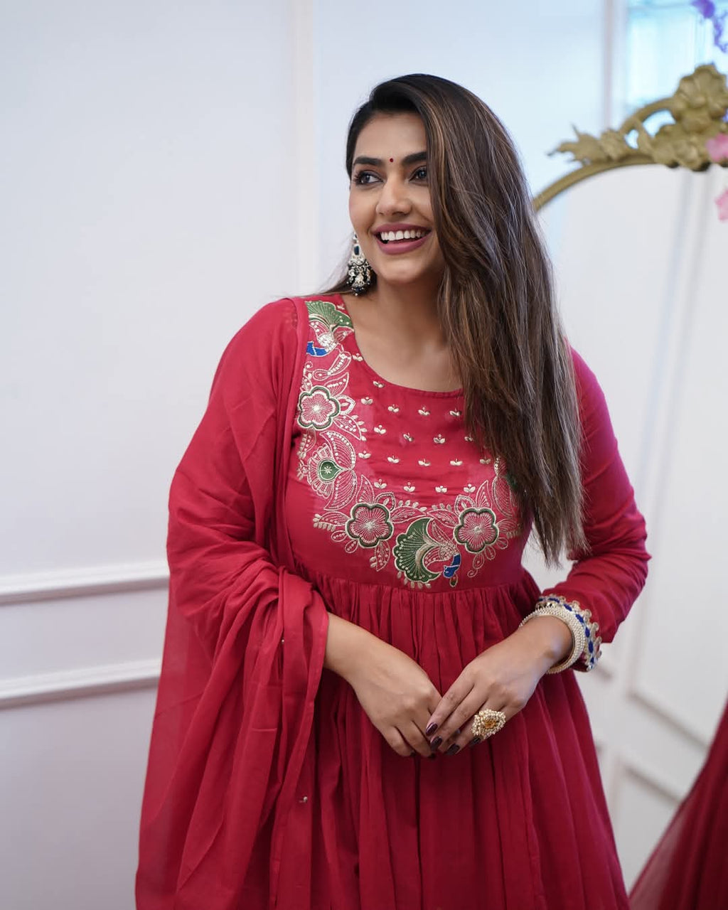 Women's Bsy Chinnon Embroidered Gown Set with Chanderi Dupatta