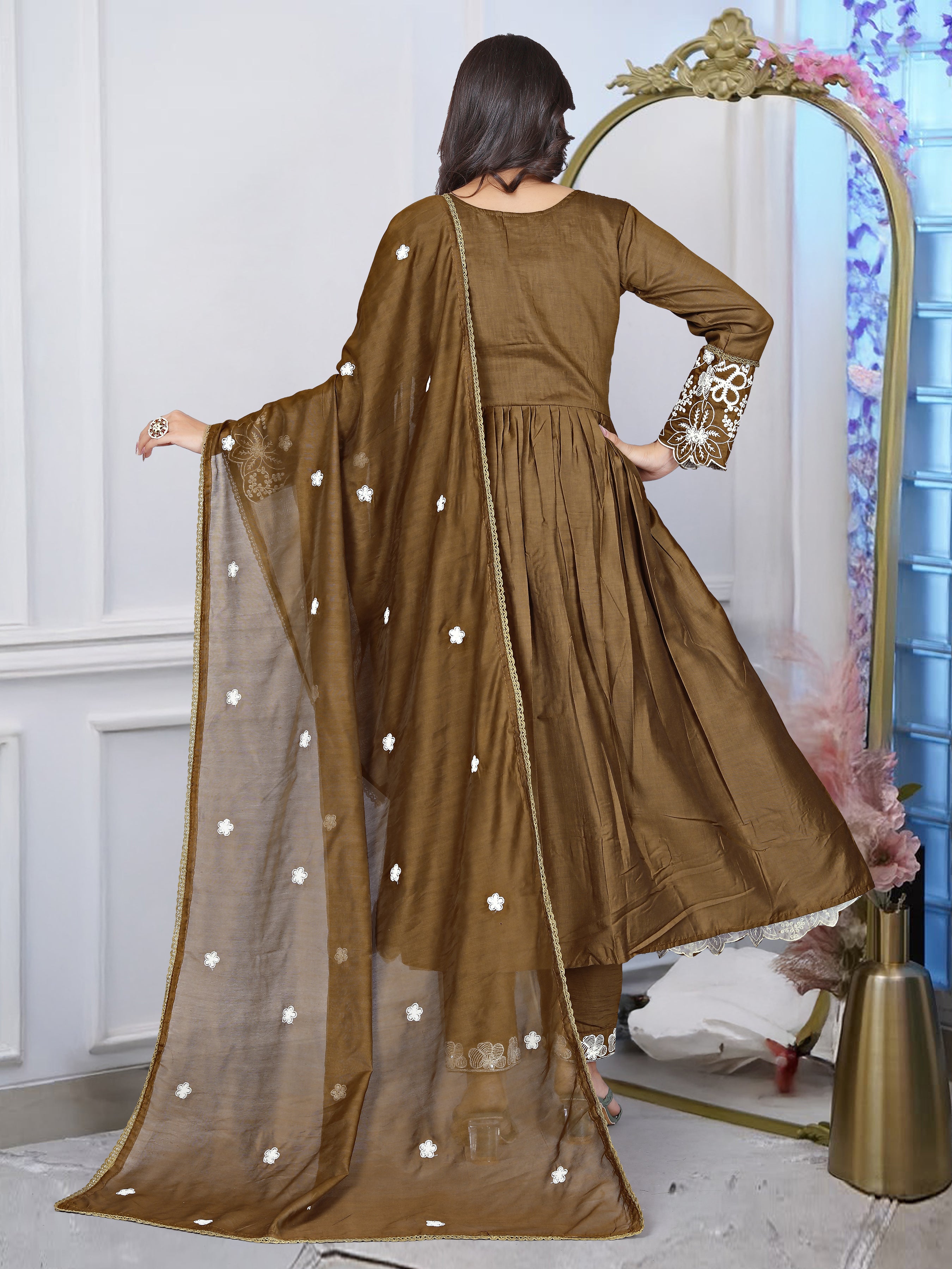 Women's Cotton Silk Heavy Embroidered Gown with Chikan Lace & Chanderi Dupatta