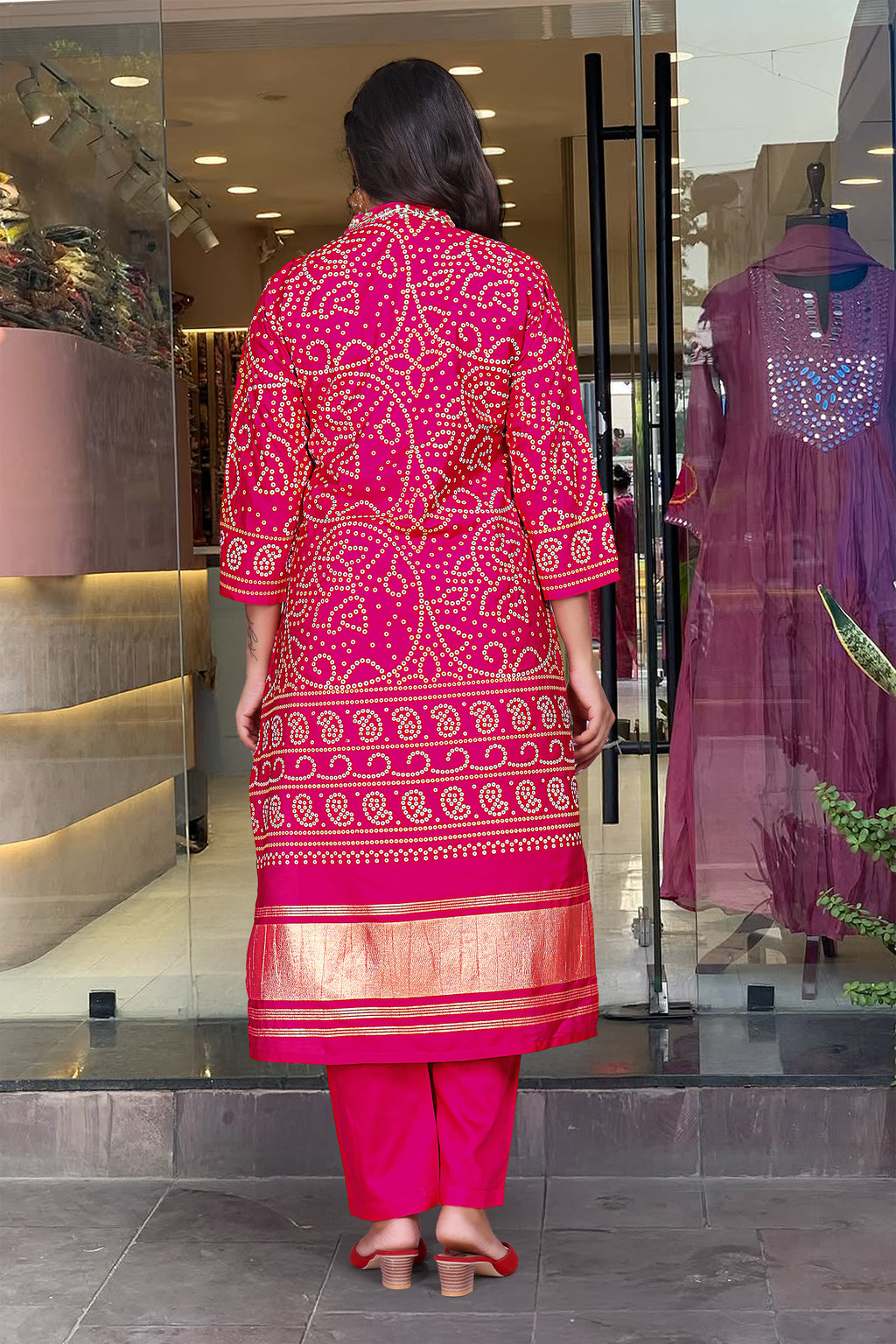 Women's Viscose Silk Hand Printed Kurti Set with Chanderi Dupatta & Side Pocket