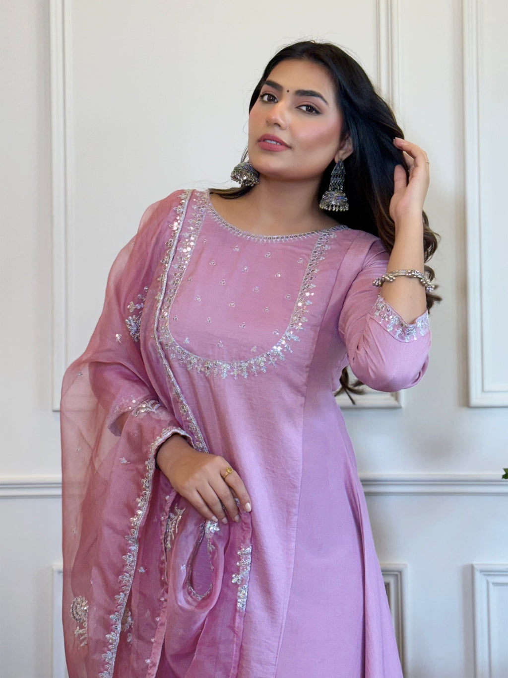 Women's Silk Blend Anarkali Gown with Flared Embroidery & Soft Organza Dupatta