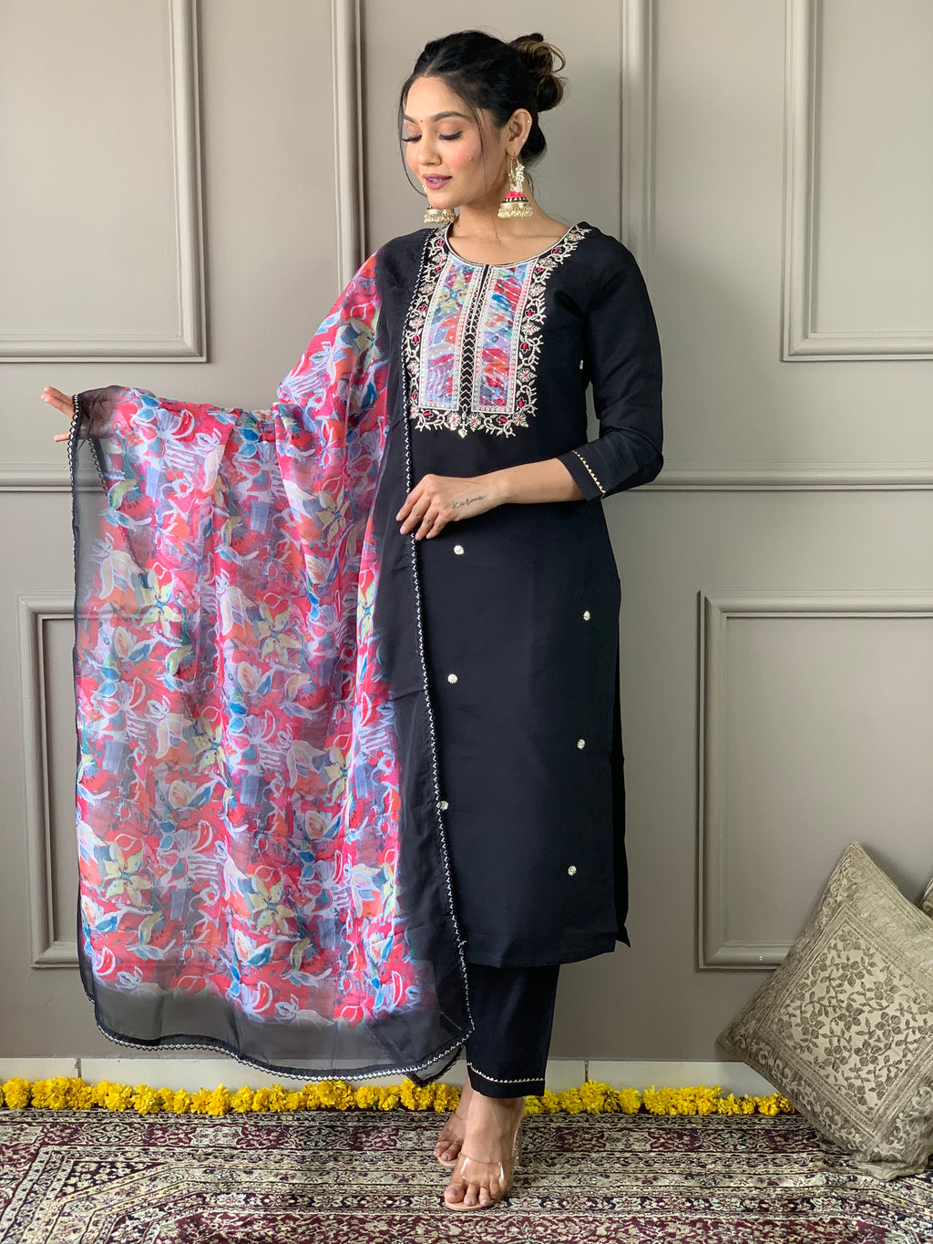 Women's Black Rayon Slub Embroidered Straight Kurta with Rayon Slub Pant And Organza Printed Dupatta Sets