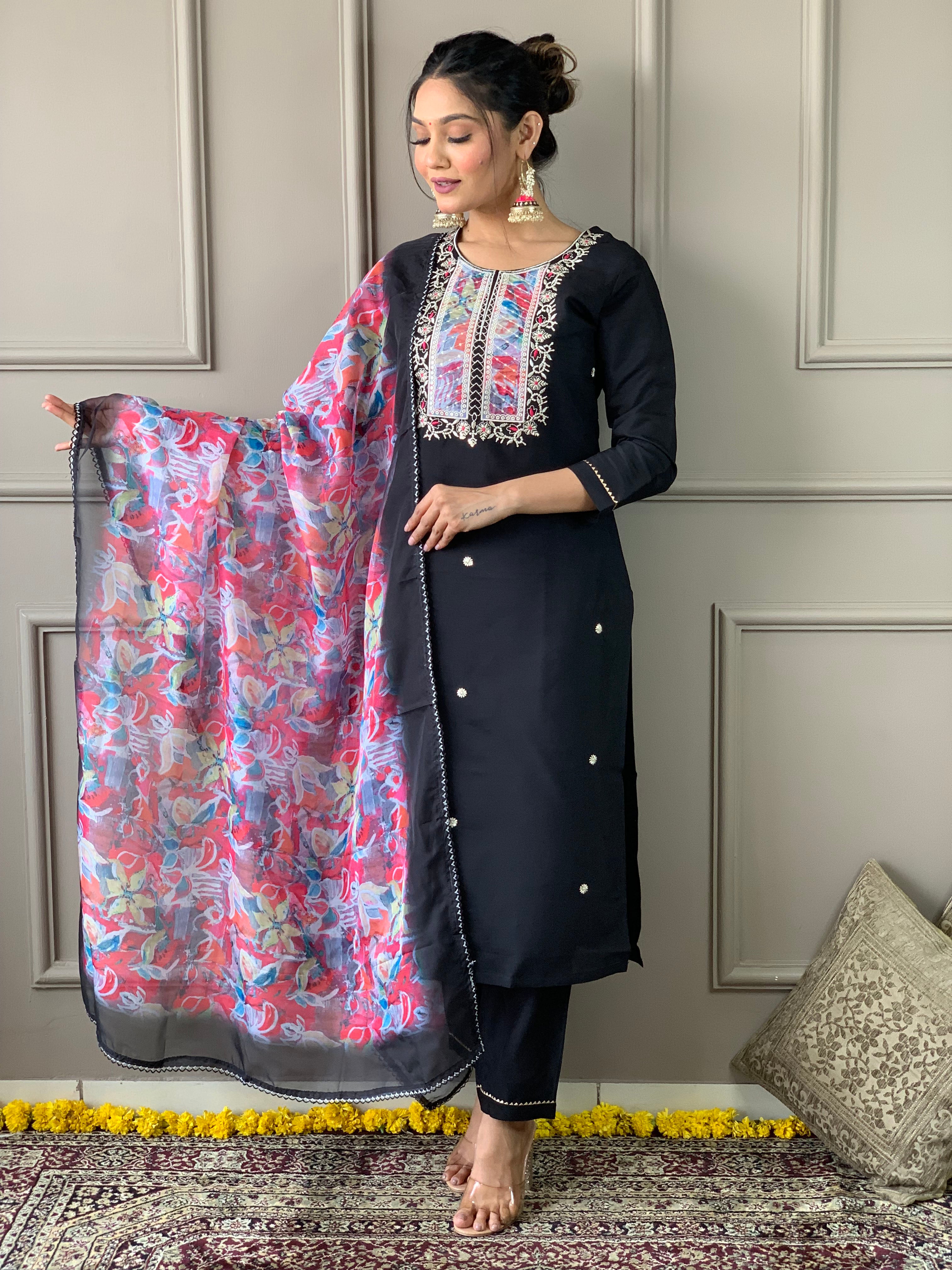 Women's Black Rayon Slub Embroidered Straight Kurta with Rayon Slub Pant And Organza Printed Dupatta Sets