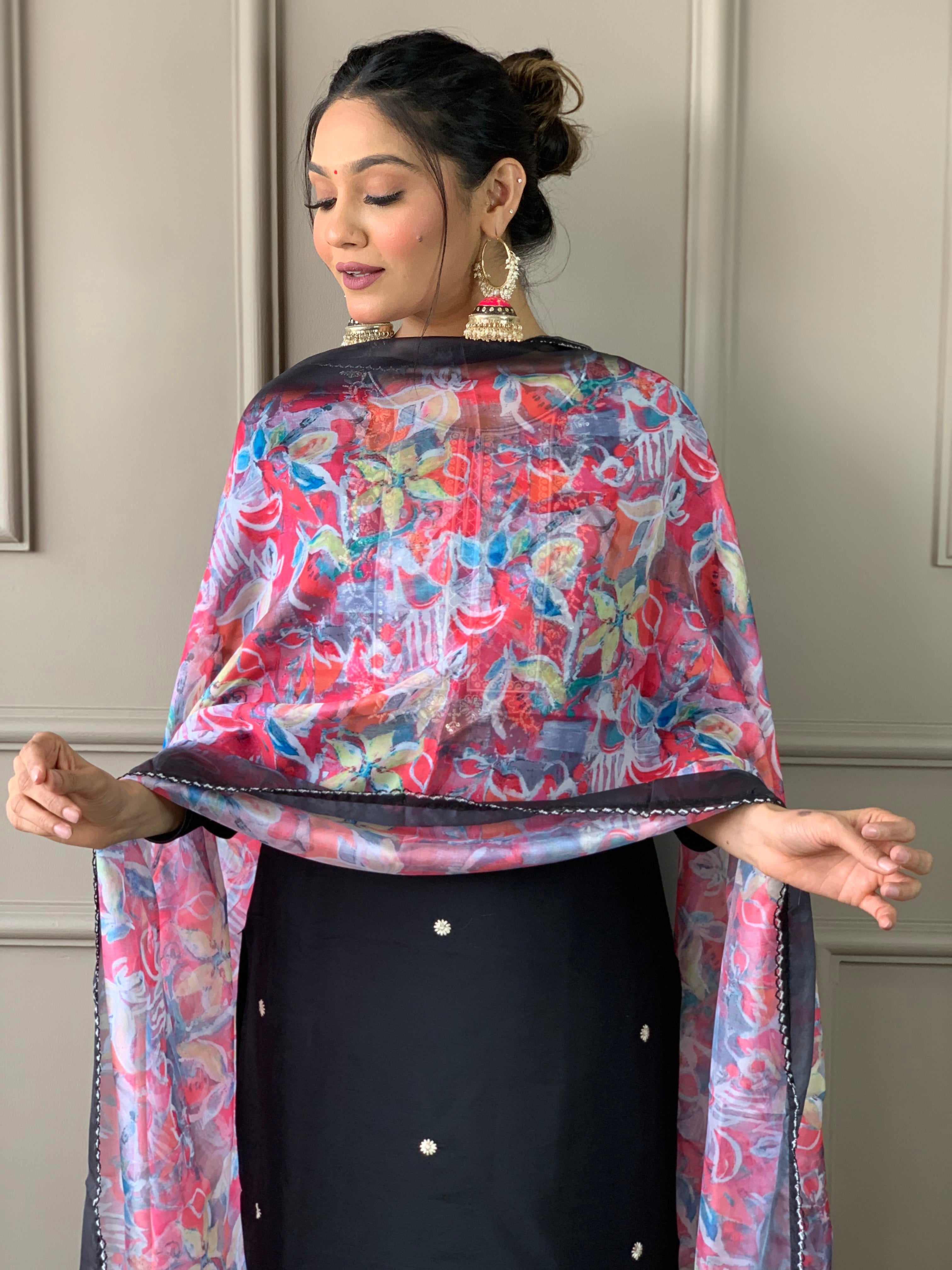 Women's Black Rayon Slub Embroidered Straight Kurta with Rayon Slub Pant And Organza Printed Dupatta Sets