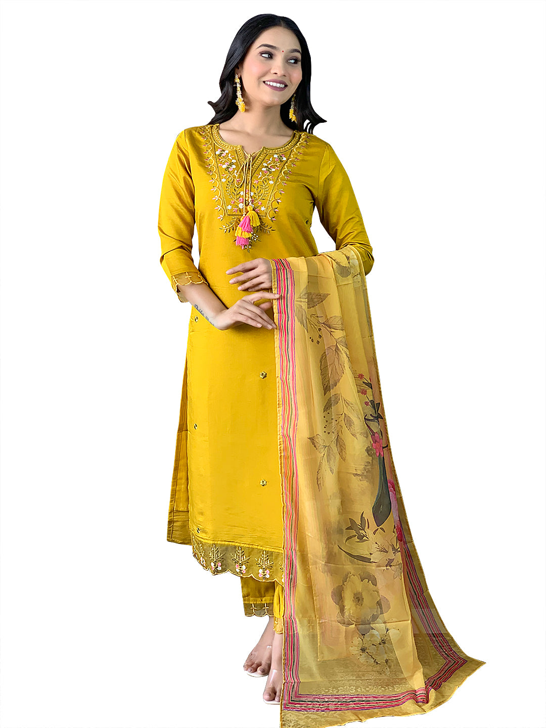 Women's Chanderi with Cotton Lining Embroidered Straight Kurta with Pant And Crep Silk Printed Dupatta Sets