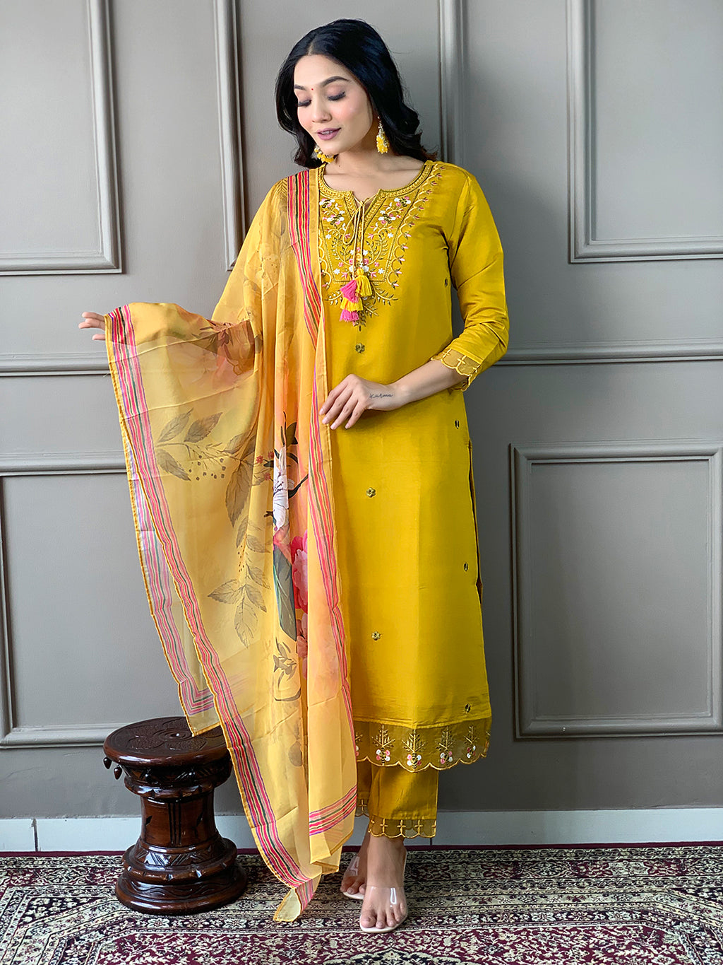 Women's Chanderi with Cotton Lining Embroidered Straight Kurta with Pant And Crep Silk Printed Dupatta Sets