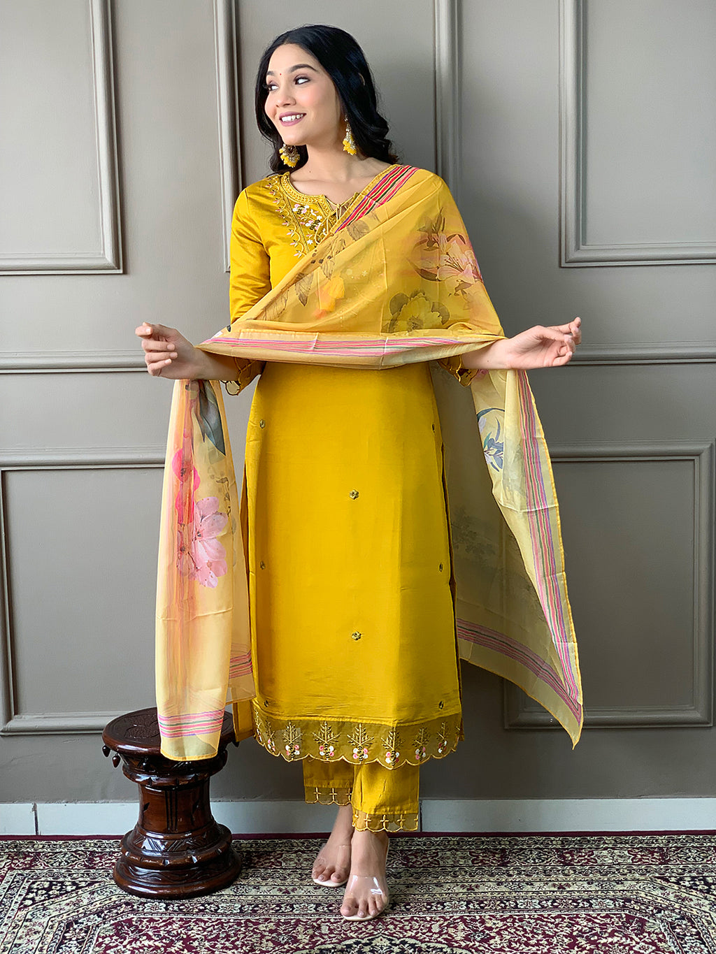Women's Chanderi with Cotton Lining Embroidered Straight Kurta with Pant And Crep Silk Printed Dupatta Sets