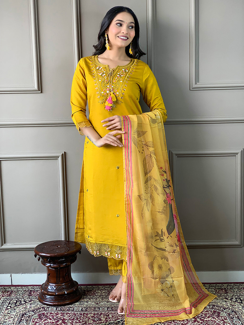 Women's Chanderi with Cotton Lining Embroidered Straight Kurta with Pant And Crep Silk Printed Dupatta Sets