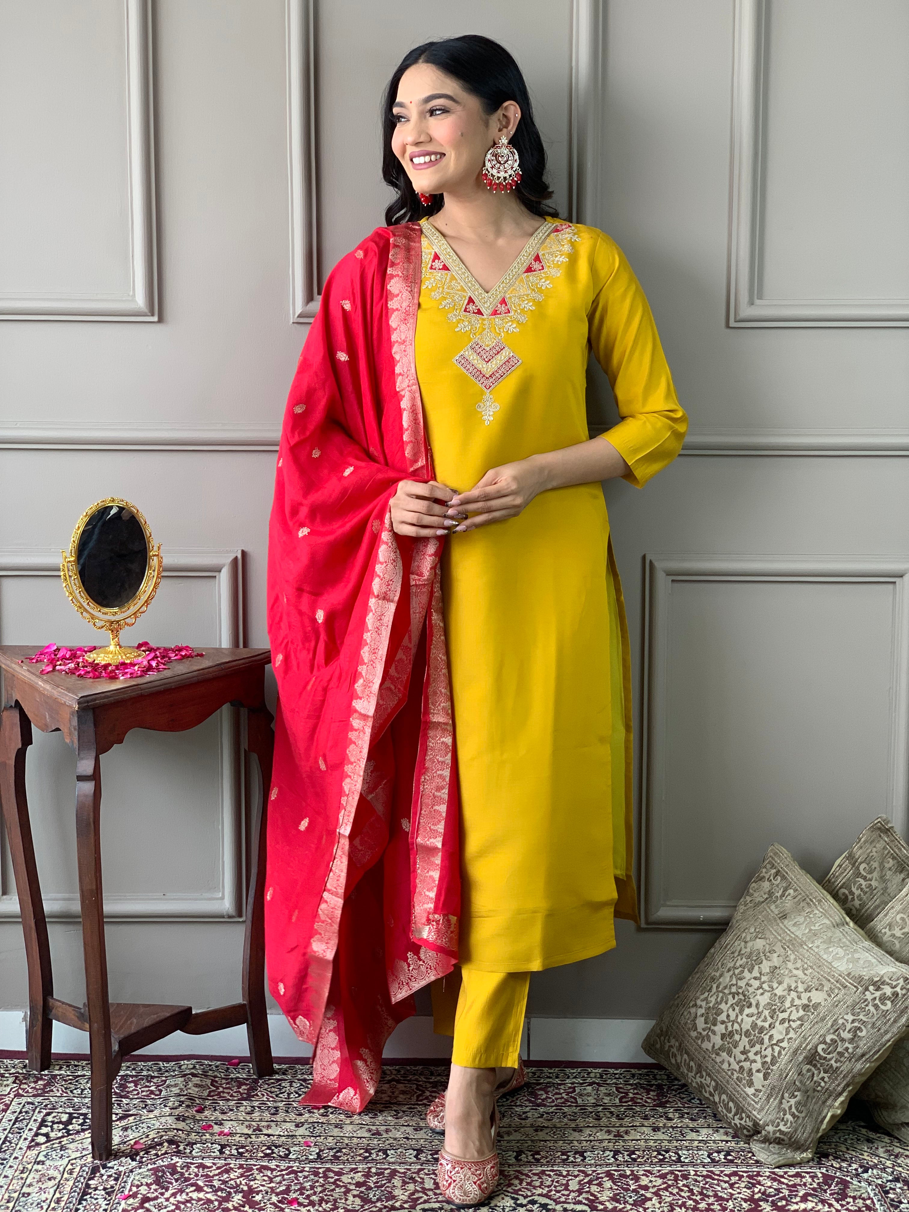 Women's Mustard Chanderi With full Cotton Lining Embroidered Straight Kurta with Chanderi Pant And Viscose Jacquard Dupatta Sets