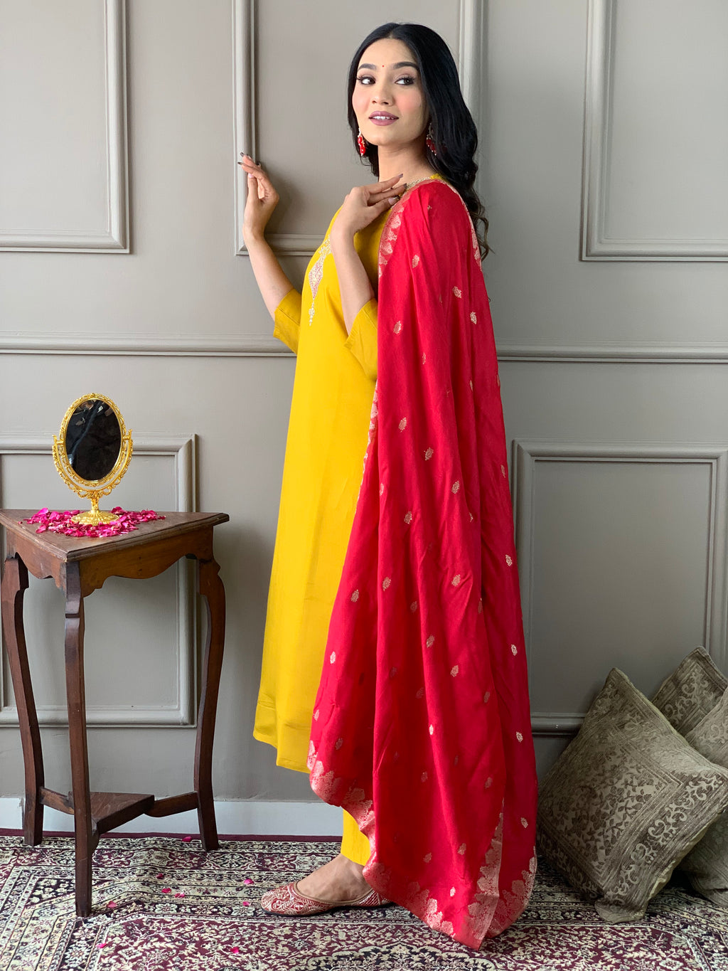 Women's Mustard Chanderi With full Cotton Lining Embroidered Straight Kurta with Chanderi Pant And Viscose Jacquard Dupatta Sets