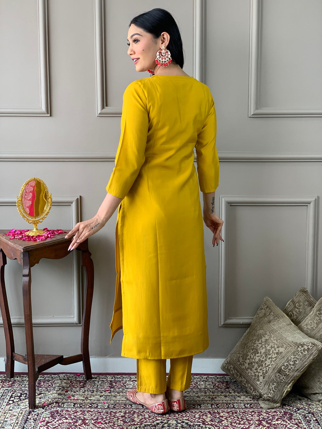 Women's Mustard Chanderi With full Cotton Lining Embroidered Straight Kurta with Chanderi Pant And Viscose Jacquard Dupatta Sets