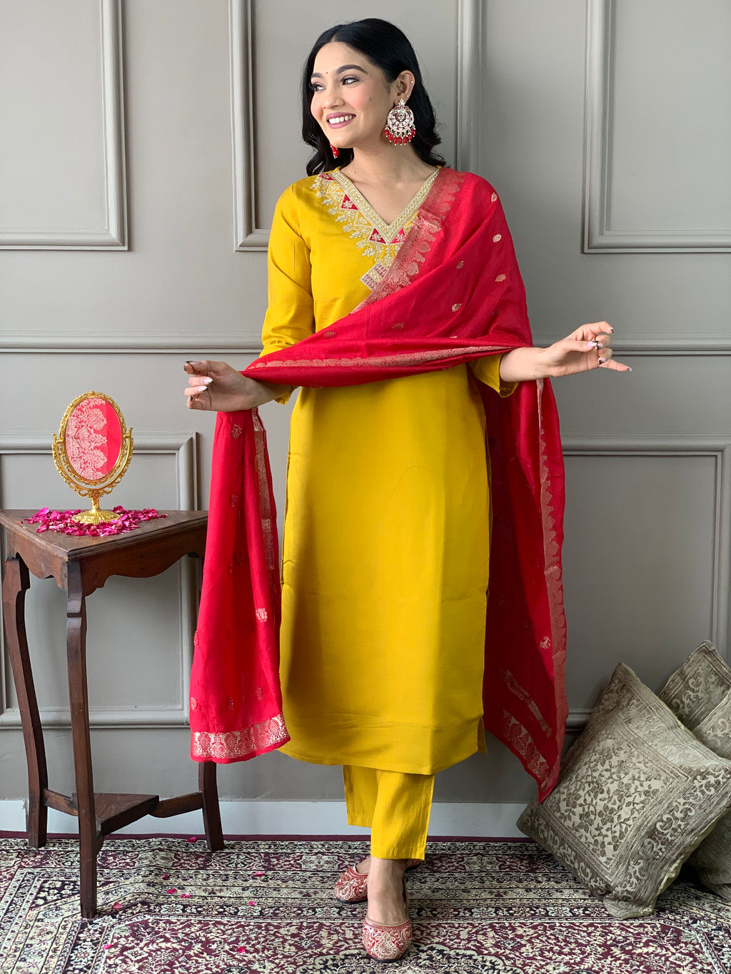Women's Mustard Chanderi With full Cotton Lining Embroidered Straight Kurta with Chanderi Pant And Viscose Jacquard Dupatta Sets