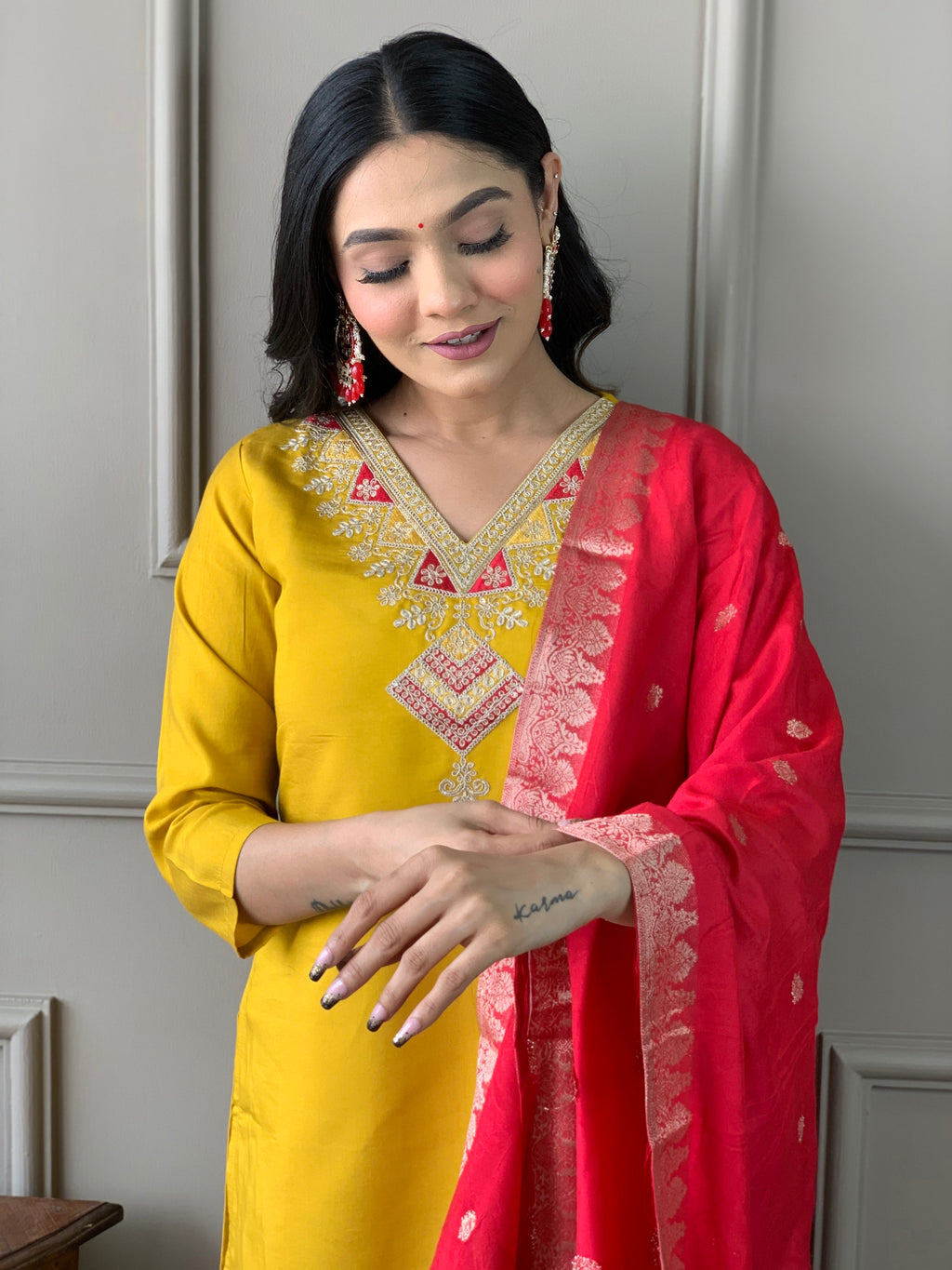 Women's Mustard Chanderi With full Cotton Lining Embroidered Straight Kurta with Chanderi Pant And Viscose Jacquard Dupatta Sets