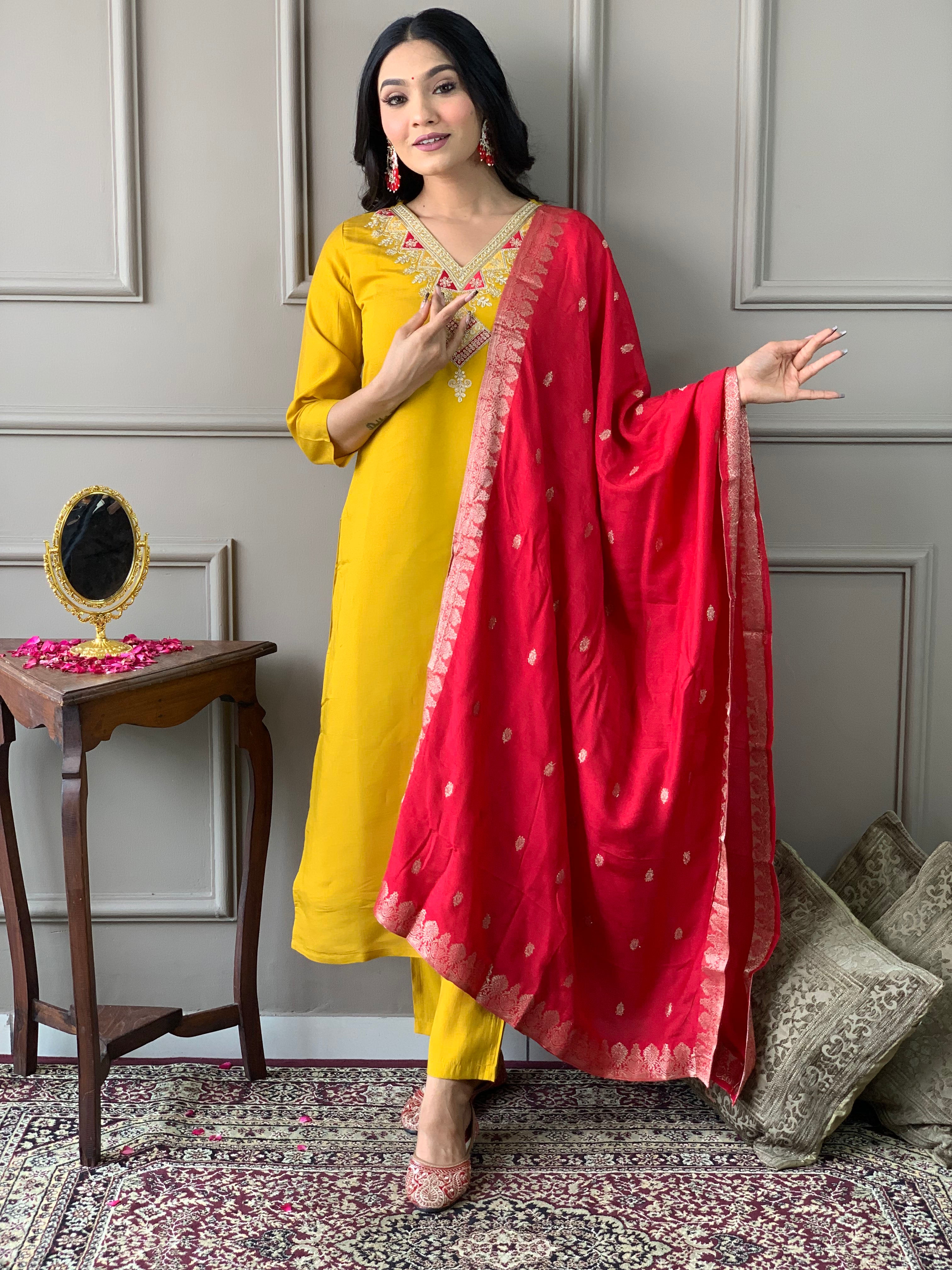 Women's Mustard Chanderi With full Cotton Lining Embroidered Straight Kurta with Chanderi Pant And Viscose Jacquard Dupatta Sets