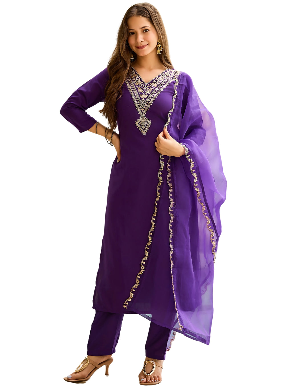 Women's Rayon Slub Embroidered Straight Kurta with Pant And Dupatta Sets