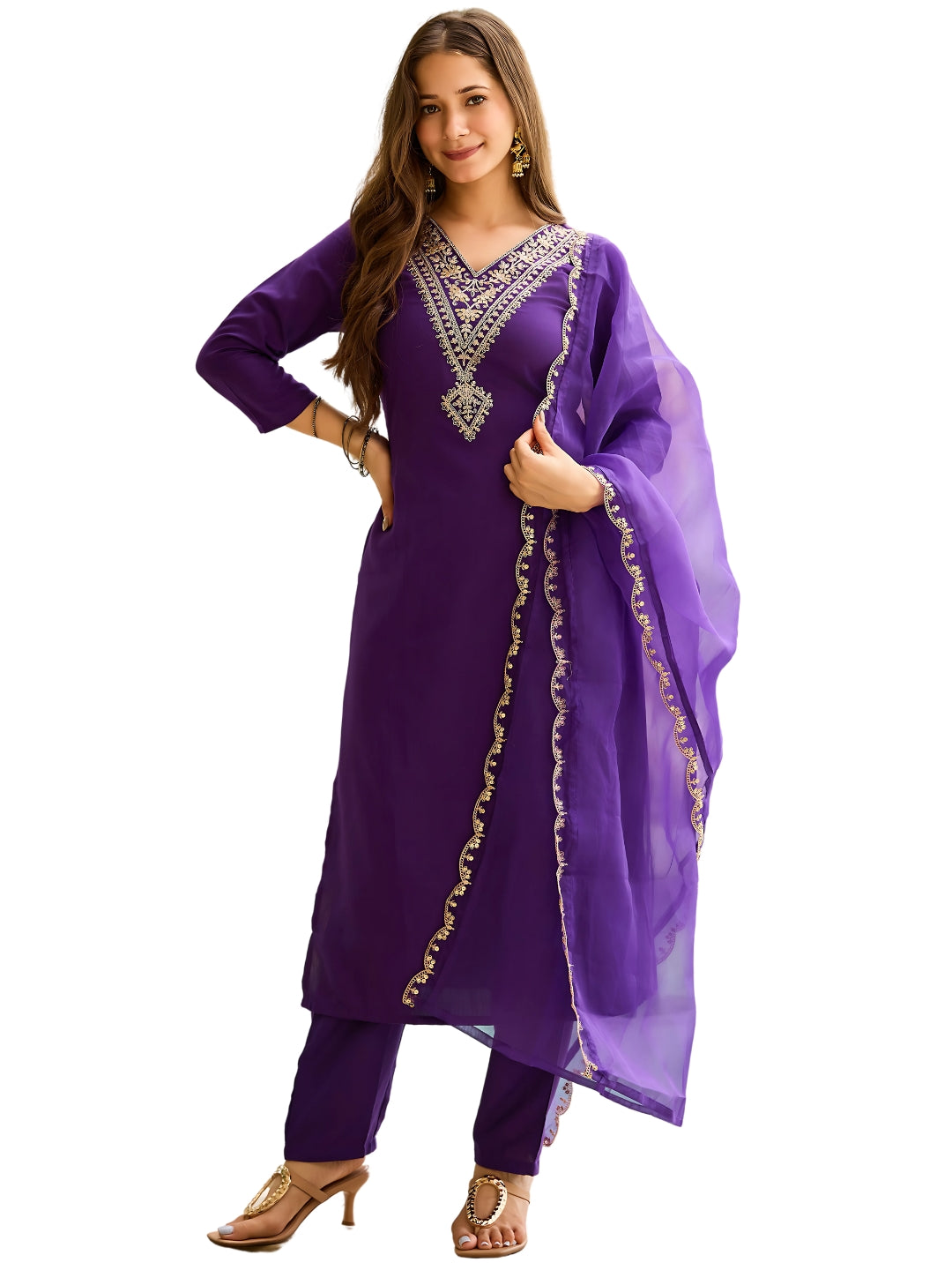 Women's Rayon Slub Embroidered Straight Kurta with Pant And Dupatta Sets