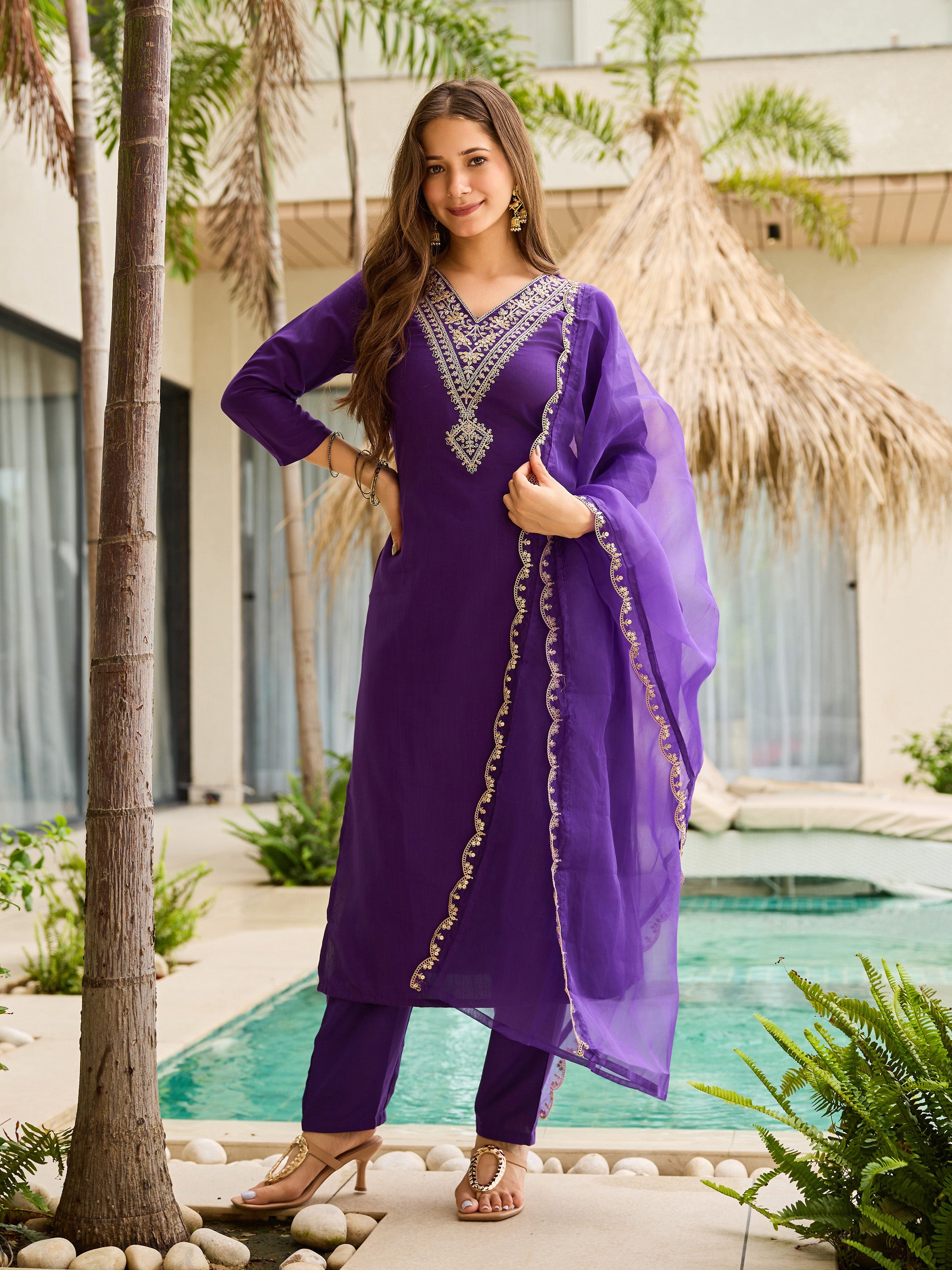 Women's Rayon Slub Embroidered Straight Kurta with Pant And Dupatta Sets