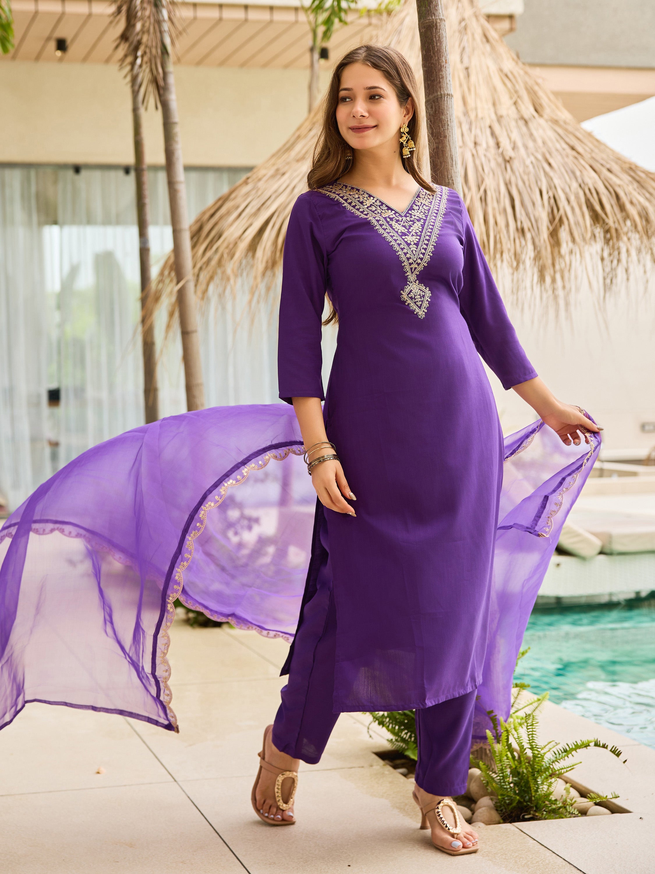 Women's Rayon Slub Embroidered Straight Kurta with Pant And Dupatta Sets