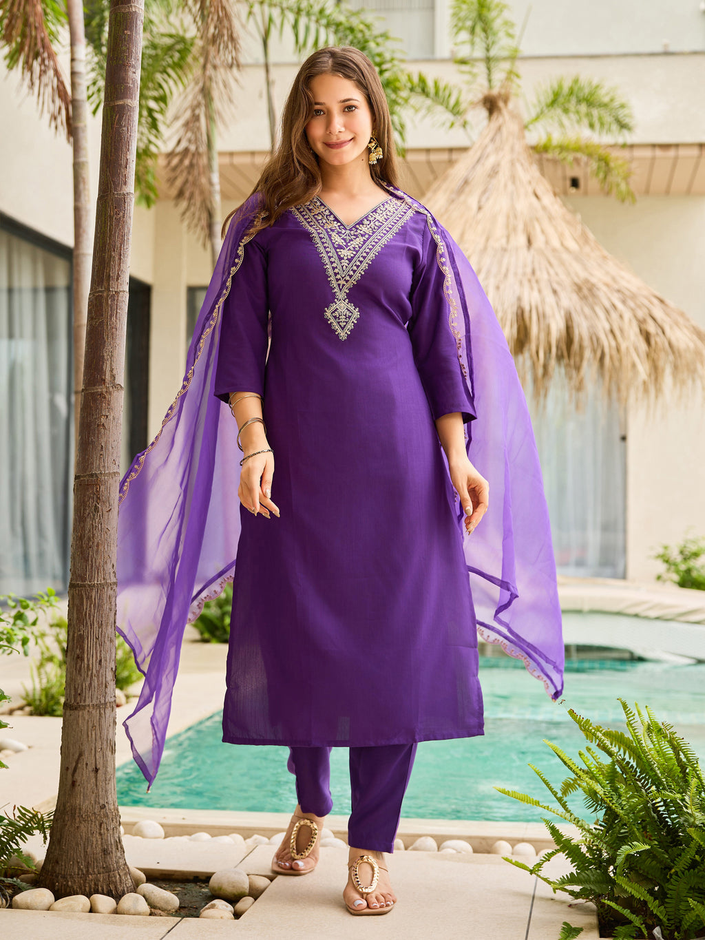 Women's Rayon Slub Embroidered Straight Kurta with Pant And Dupatta Sets