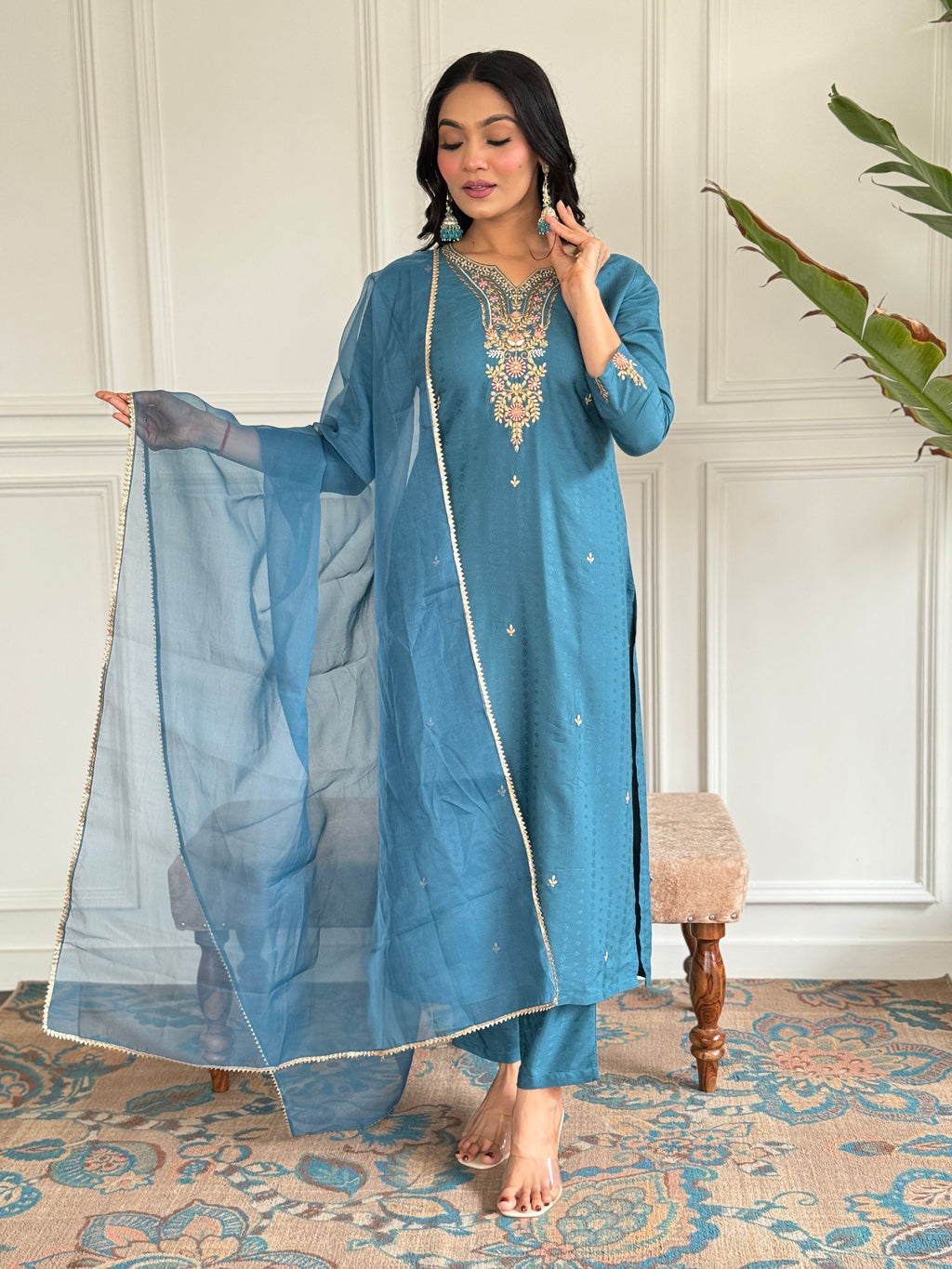 Women's Rama Viscose blend  Embroidered Straight Kurta with Viscose blend  Pant And Organza Laced Dupatta Sets