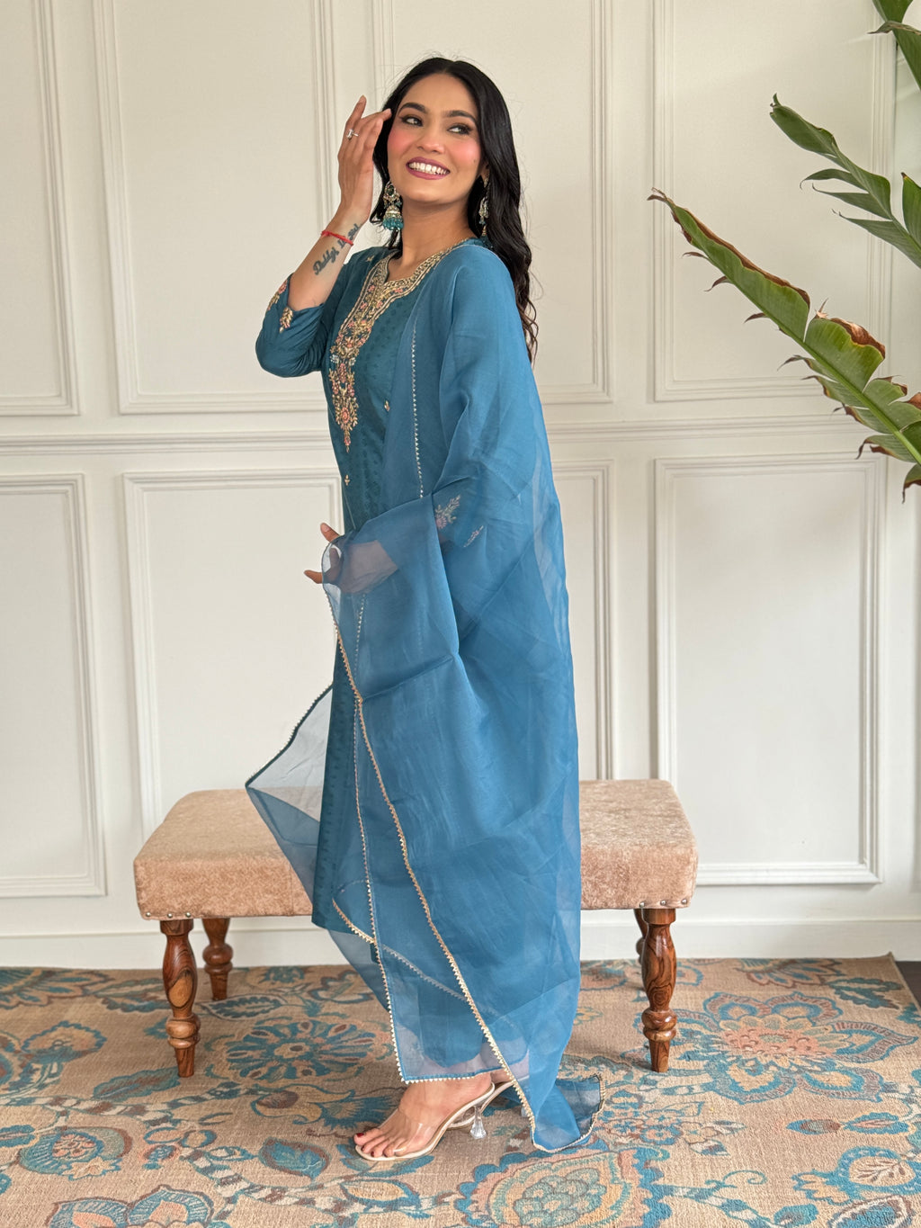 Women's Rama Viscose blend  Embroidered Straight Kurta with Viscose blend  Pant And Organza Laced Dupatta Sets